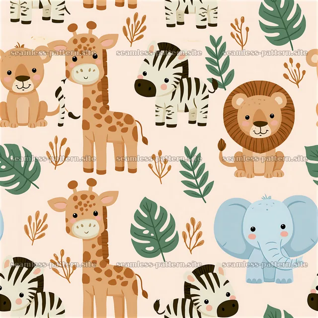 Cute Safari Animals Seamless Pattern with Tropical Leaves — seamless tileable pattern