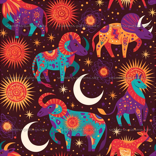 Colorful Astrology Zodiac Animals and Celestial Symbols Pattern — seamless tileable pattern