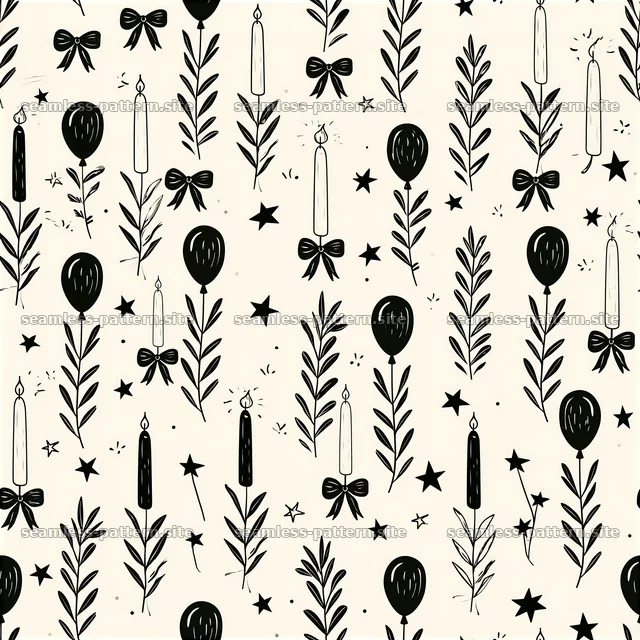 Birthday black and white seamless pattern with balloons and candles — seamless tileable pattern