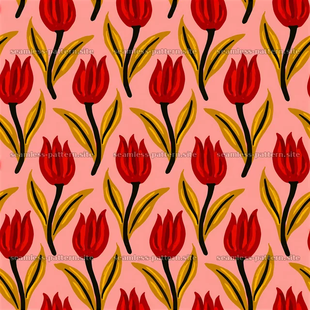 Vibrant red tulip pattern with green leaves on a light pink background — seamless tileable pattern
