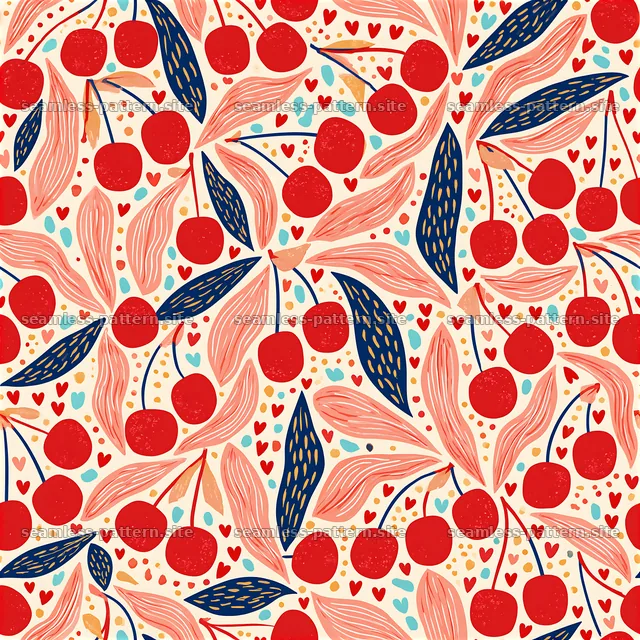 Funky Kitsch Cherry and Leaf Seamless Pattern — seamless tileable pattern