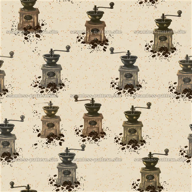 Seamless coffee grinder pattern with coffee beans on light background — seamless tileable pattern