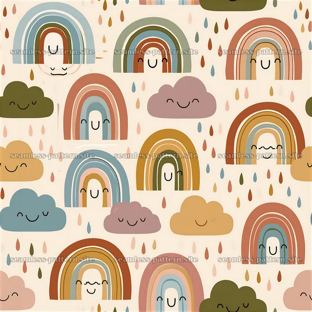 Colorful rainbow and smiling cloud seamless pattern — seamless tileable pattern