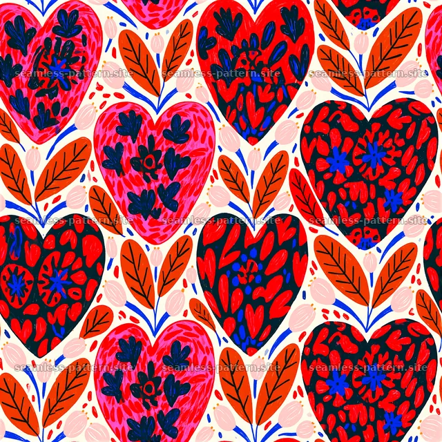Seamless folk art heart pattern with floral leaves — seamless tileable pattern