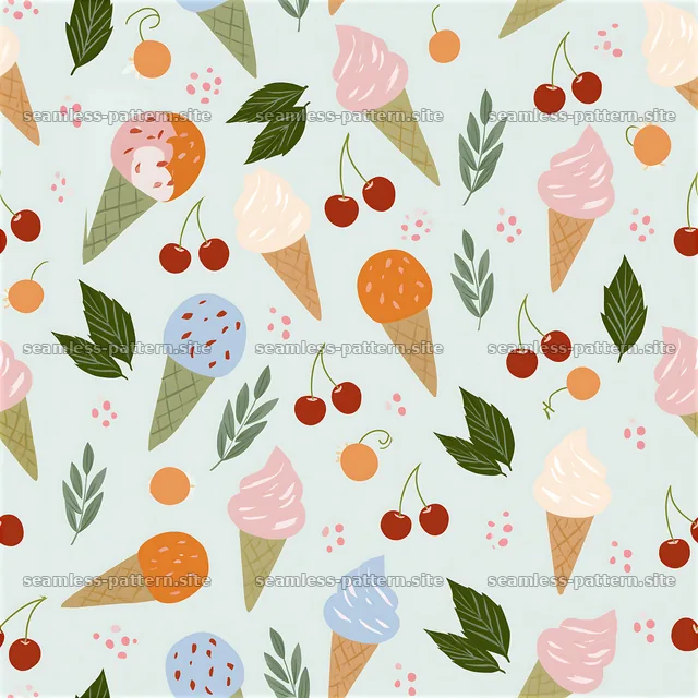 Colorful ice cream cones and toppings in a seamless pattern — seamless tileable pattern