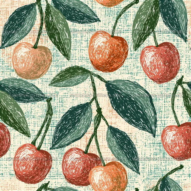 Seamless cherry pattern with leaves on textured backdrop — seamless tileable pattern