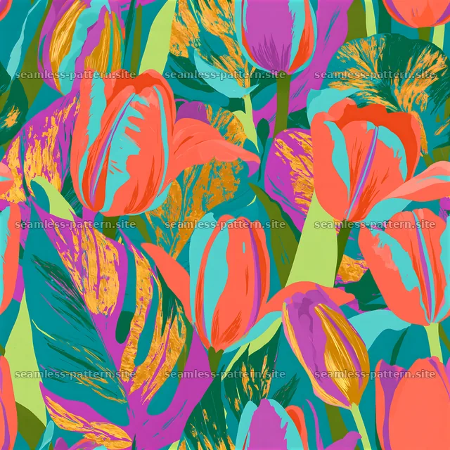 Bright floral design featuring colorful tulips and abstract leaves — seamless tileable pattern
