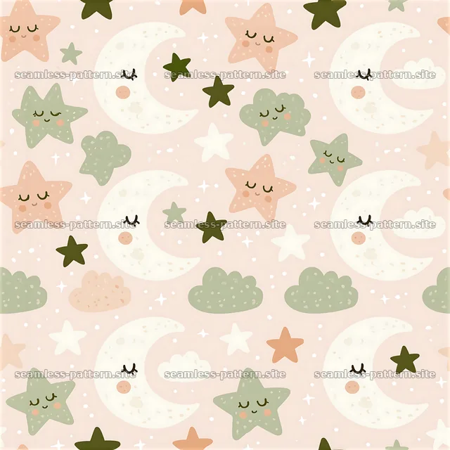 Cute star and moon design in a playful layout — seamless tileable pattern