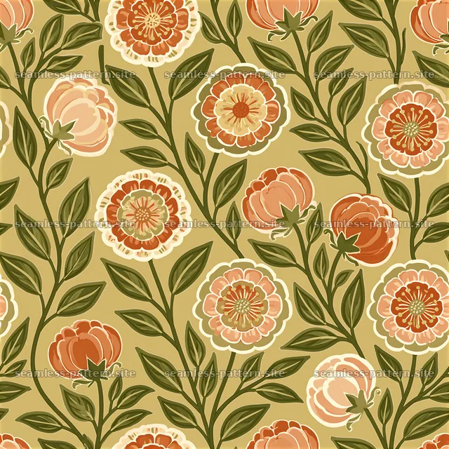 Vintage flower tileable pattern with red and peach blossoms on green — seamless tileable pattern