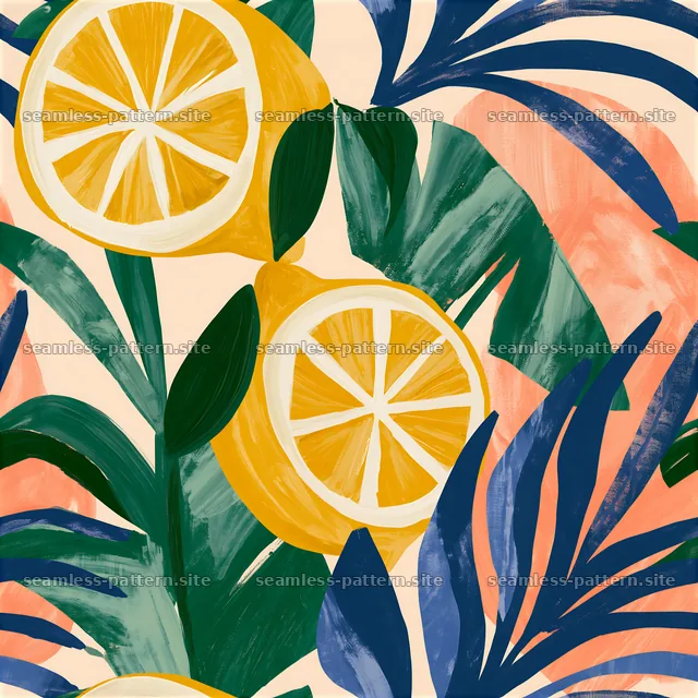 Colorful lemons and leaves in a repeating pattern design — seamless tileable pattern