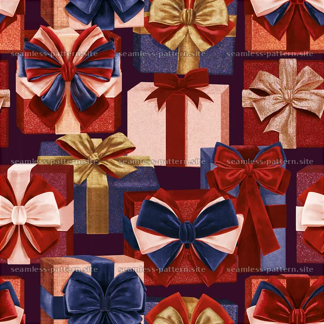 Repeating pattern of Christmas parcels with velvet bows in seamless pattern — seamless tileable pattern