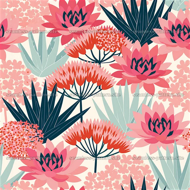 Colorful floral seamless pattern with lotus and succulent designs — seamless tileable pattern