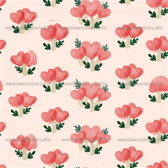 Heart mushrooms repeating pattern in shades of pink — seamless tileable pattern