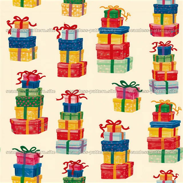 Repeat pattern with colorful present stacks on a light background — seamless tileable pattern