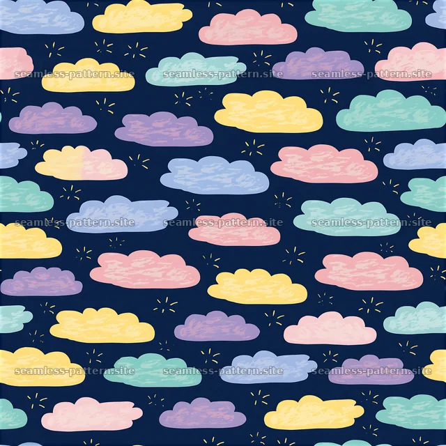 Colorful clouds create a playful pattern on a dark background — seamless tileable pattern