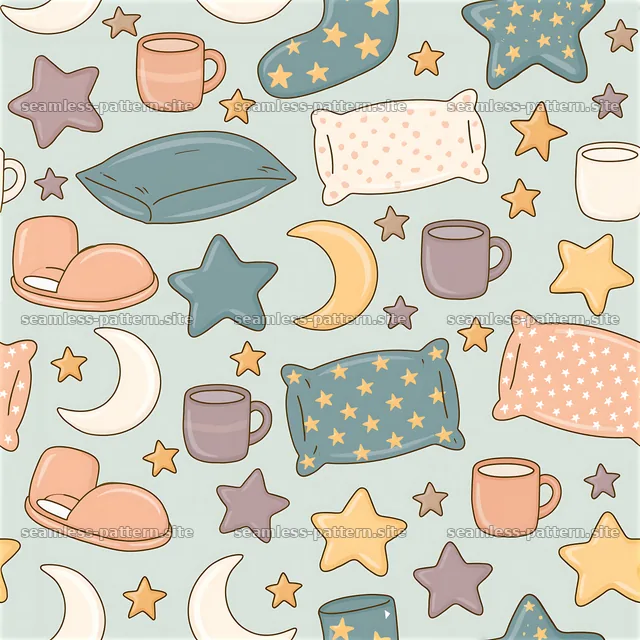Cute playful doodle seamless pattern with stars and cozy items — seamless tileable pattern
