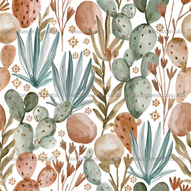 Seamless watercolor textile pattern with cacti and botanical elements — seamless tileable pattern