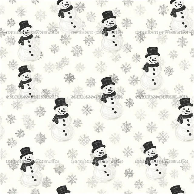 Seamless snowman pattern with snowflakes on a light background — seamless tileable pattern