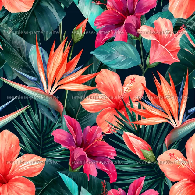 Watercolor floral repeat pattern with tropical flowers and leaves — seamless tileable pattern