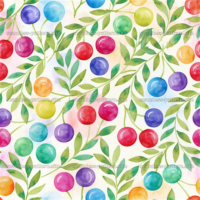 Rainbow cherries seamless pattern with colorful fruits and leaves — seamless tileable pattern