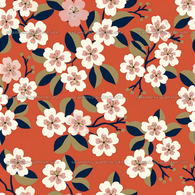 Cherry blossom repeat pattern on a bold orange background — seamless tileable pattern