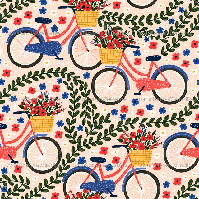 Bicycles with flower baskets in a colorful floral pattern — seamless tileable pattern