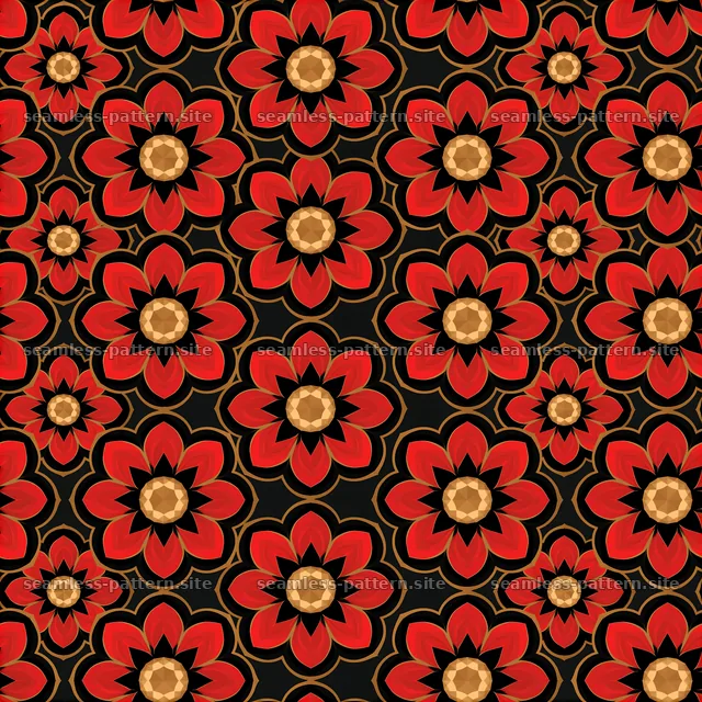 Geometric flower pattern in black, red, and gold colors — seamless tileable pattern
