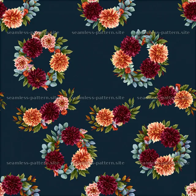 Flower wreath seamless pattern on dark background with colorful — seamless tileable pattern