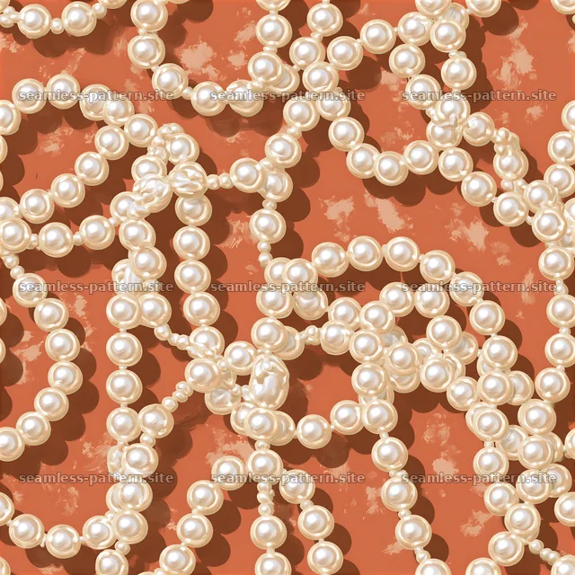 Pearl bead chains on terracotta abstract background — seamless tileable pattern
