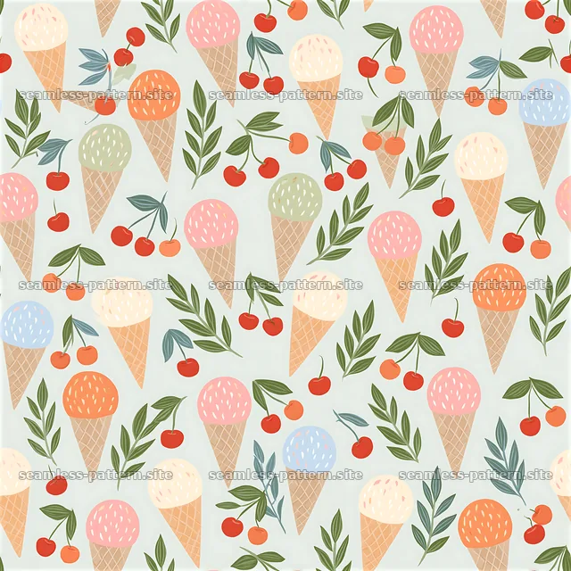 Colorful ice cream cones with cherries in a seamless pattern — seamless tileable pattern