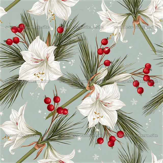 Elegant floral seamless pattern with pine, berries, and lilies — seamless tileable pattern