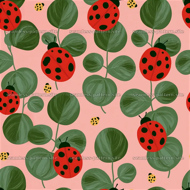 Vibrant ladybugs seamless pattern on leaves with pink background — seamless tileable pattern
