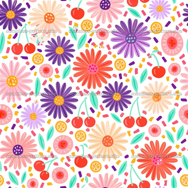 Funky Kitsch Floral and Cherry Seamless Pattern — seamless tileable pattern