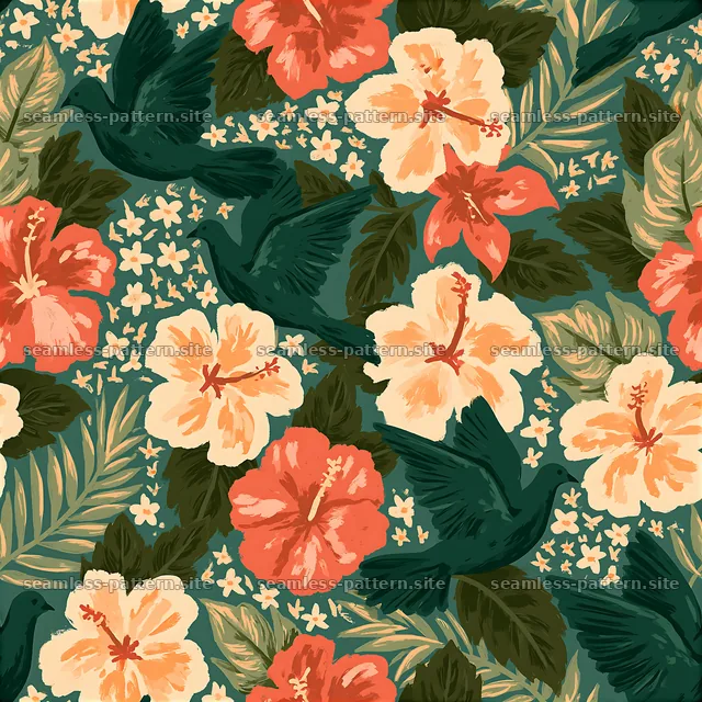 Dove silhouettes and tropical hibiscus floral seamless pattern — seamless tileable pattern