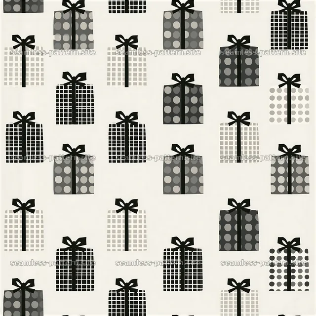 Black and white seamless pattern of gift boxes in various designs — seamless tileable pattern