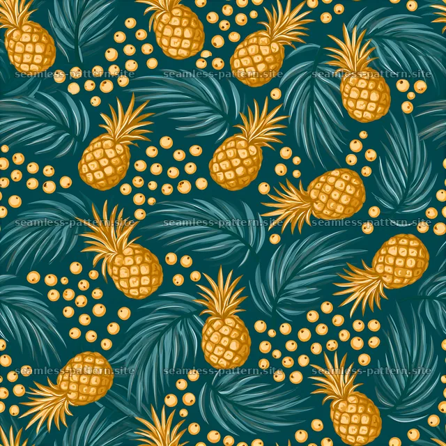 Pineapple pattern with tropical leaves on dark background — seamless tileable pattern