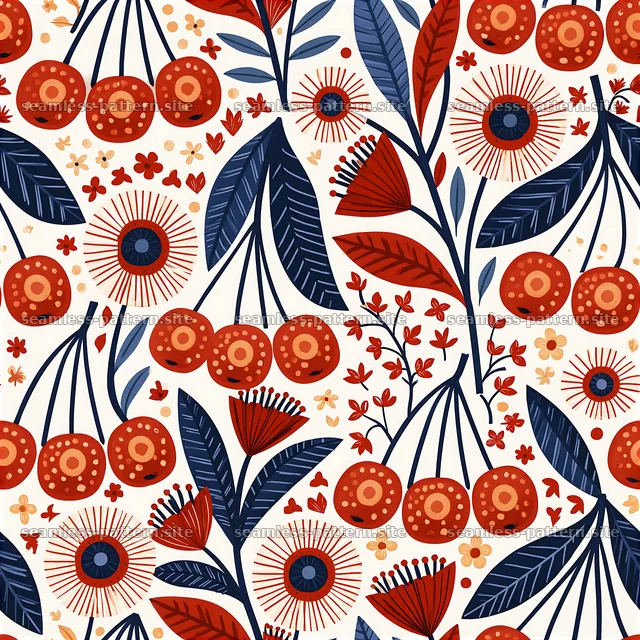 Colorful fruit and flower seamless pattern with leaves and buds — seamless tileable pattern