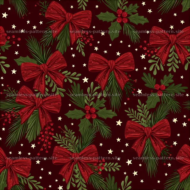 Seamless red and green Christmas pattern with bows and greenery — seamless tileable pattern
