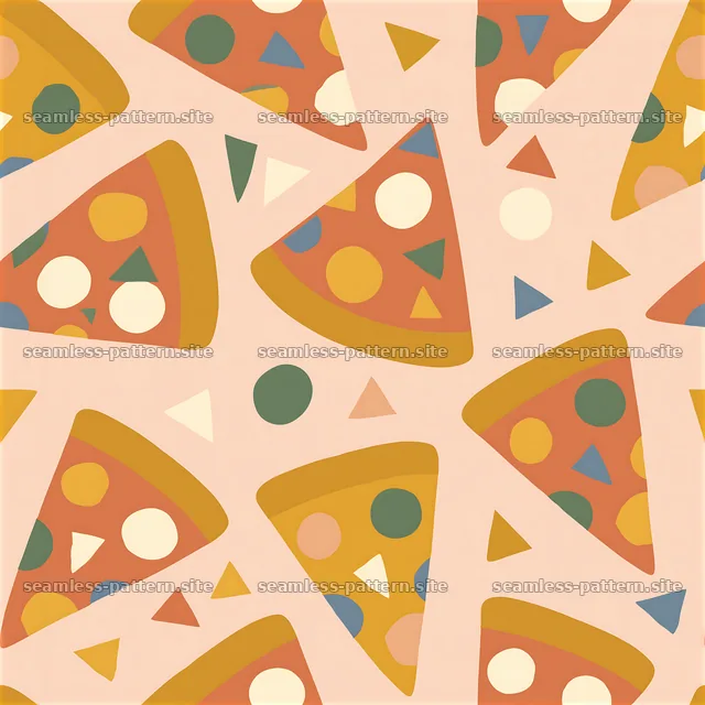 Colorful pizza slices with geometric shapes in a playful layout — seamless tileable pattern
