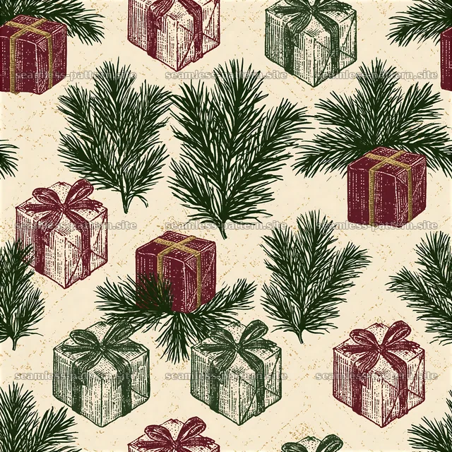 Holiday Gift Boxes and Pine Sprigs Seamless Pattern — seamless tileable pattern