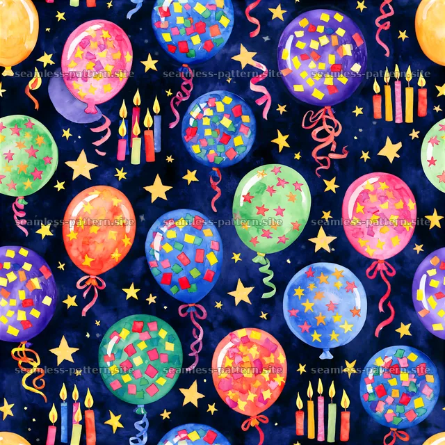 Colorful balloons and candles on a dark background seamless pattern — seamless tileable pattern