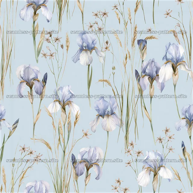 Seamless watercolor floral pattern with blue irises and grass — seamless tileable pattern