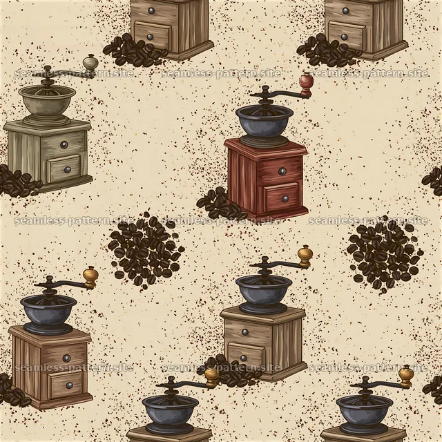 Seamless coffee grinder pattern with coffee beans on light background — seamless tileable pattern