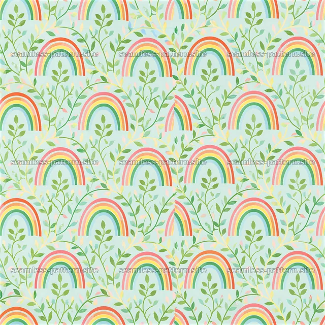 Colorful rainbow motifs with green leaves in a repeating design — seamless tileable pattern