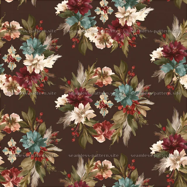 Repeating pattern of floral cross wreaths in vintage watercolor — seamless tileable pattern