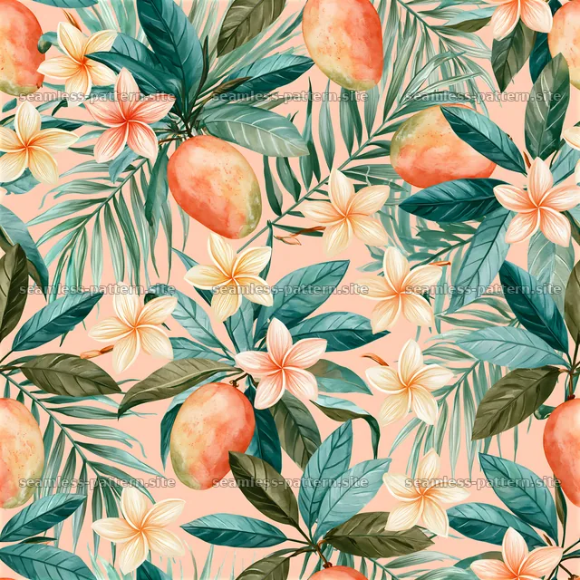 Colorful mango and flower seamless pattern with tropical foliage — seamless tileable pattern