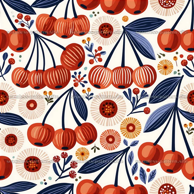 Colorful cherry pattern with flowers and leaves on a light background — seamless tileable pattern