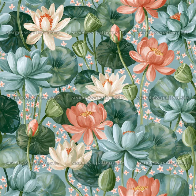 Dense floral repeat pattern with water lilies and leaves — seamless tileable pattern