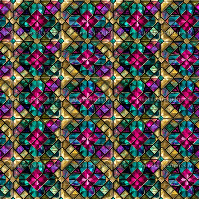 Seamless texture featuring stained glass jewel tones and cross shapes — seamless tileable pattern