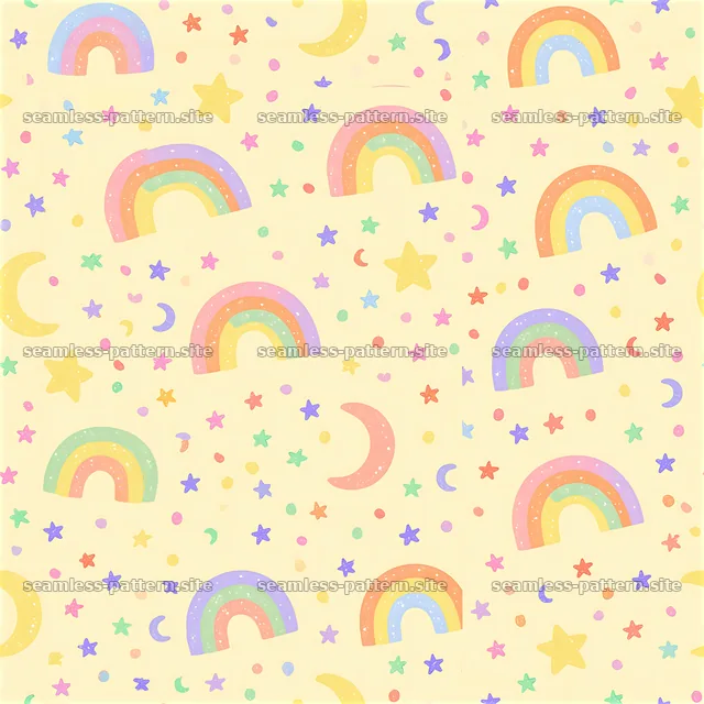 Colorful rainbow and star seamless pattern on pastel yellow background — seamless tileable pattern